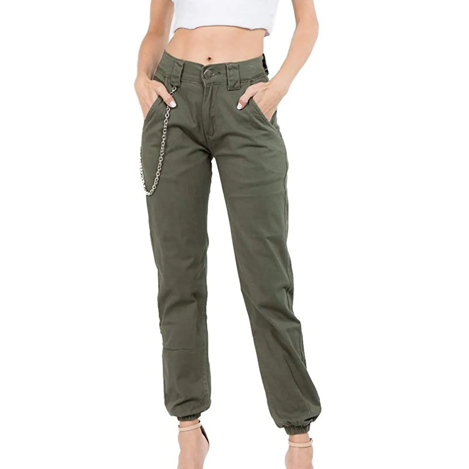 

Fashion Women's Solid Colors High Waist Slim Fit Jogger Cargo Pants for With Matching Belt Casual Streetwear Trousers#35
