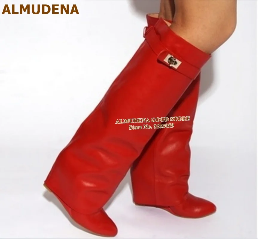 red leather ALMUDENA/Новые высокие сапоги до колена из замши телесного цвета с замком в виде акулы высокие сапоги на танкетке с металлическим украшением Прямая поставка - Цвет: red leather