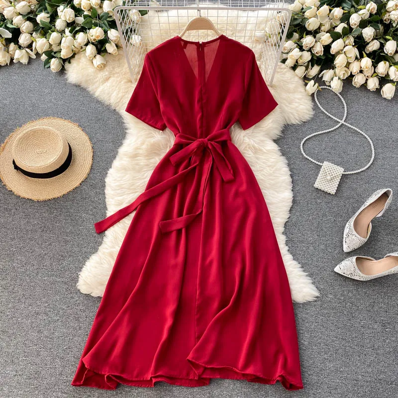 

V Neck Bandage Mid-calf Dresses Casual Lace Up A Line Slim Solid Color Dress Summer Green Dress Blue Women Party Vestidos Mujer