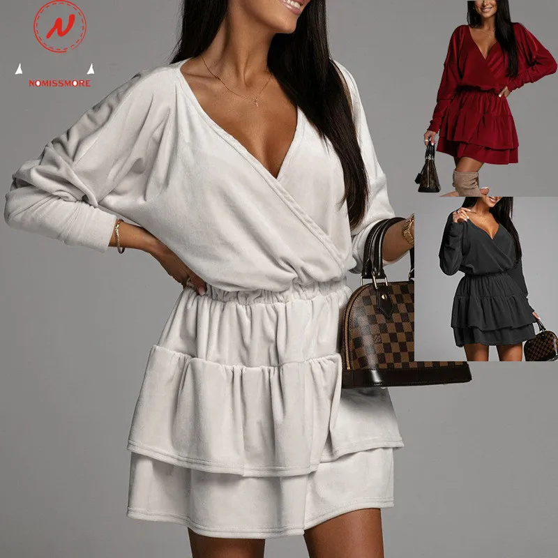 

Fashion Women Solid Color A-Line Dress for Streetwear Patchwork Design Ruffles Decor V-Neck Elastic Waist Autumn Slim Mini Dress