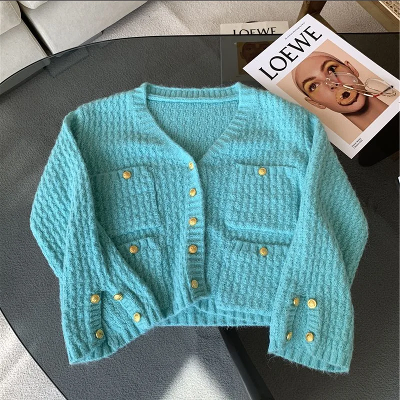 

2021 Spring New Korean Temperament Xiaoxiang V-Neck Short Split Cuff Design Knitted Sweater Cardigan Female Y14