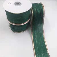 63mm 25yard wire edge green sheer organza ribbon with gold line golden edge for dress bow decoration chirstmas gift diy n1221