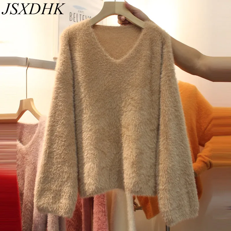 

JSXDHK Fashion Korean Chic Women Mohair Sweater Knitwear Autumn Winter V Neck Knitted Soft Warm Mink Cashmere Loose Pullovers