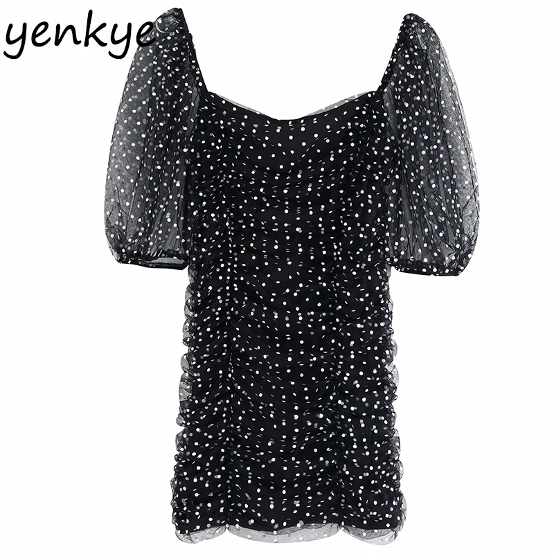 Женское винтажное платье в горошек облегающее полупрозрачное мини с рукавами