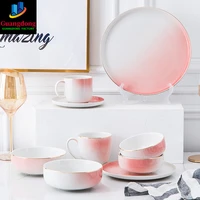 luxury pink dinner plate dessert salad noodle bowl with glod rim serving cake plate coffee cup and saucer mug dinnerware set