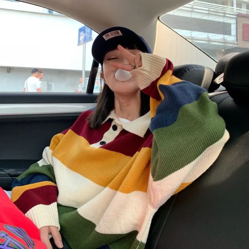 

Женский и мужской свитер в полоску, свободный свитер средней длины с длинными рукавами в Корейском стиле, Осень-зима