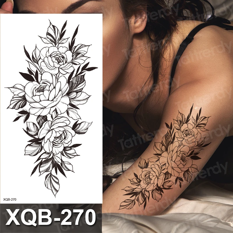 

Black Henna Style Tattoo Sticker Flower Leaf Temporary Tattoo Rose Peony Painting Body Art Water Tatouage Fake Tatoo for woman