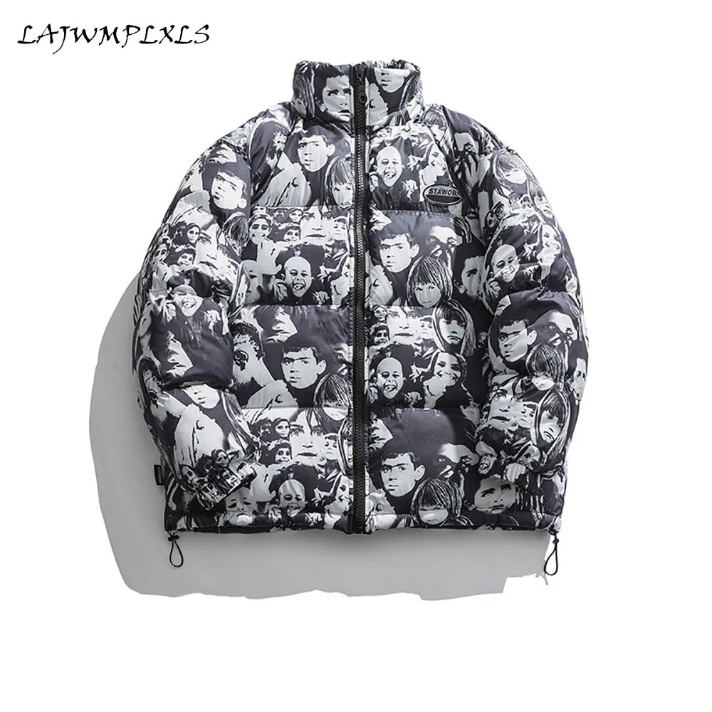 

Streetwear Hip Hop Cottond Padded Parka Men Harajuku Character Portrait Printed Coats Winter Casual Oversize Loose Jacket Unisex