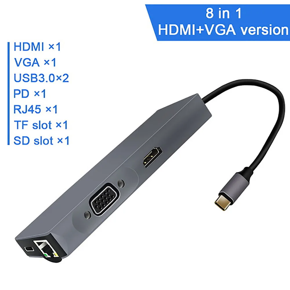 8IN1 HDMI VGA FSU USB C концентратор с HDMI RJ45 PD зарядное устройство кардридер USB 3,0 адаптер usb-хаб для Macbook Pro Аксессуары Мульти USB 3,0 type C концентратор - Цвет: 8IN1 HDMI VGA
