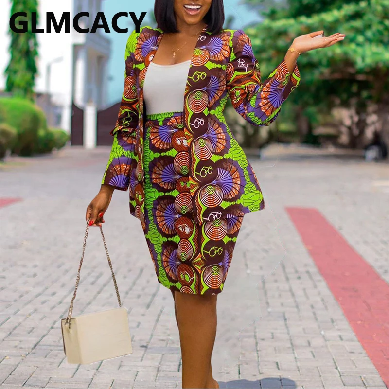 

Two Piece Dashiki Printed Work Suits OL Long Sleeve Blazer & Bodycon Skirt Set
