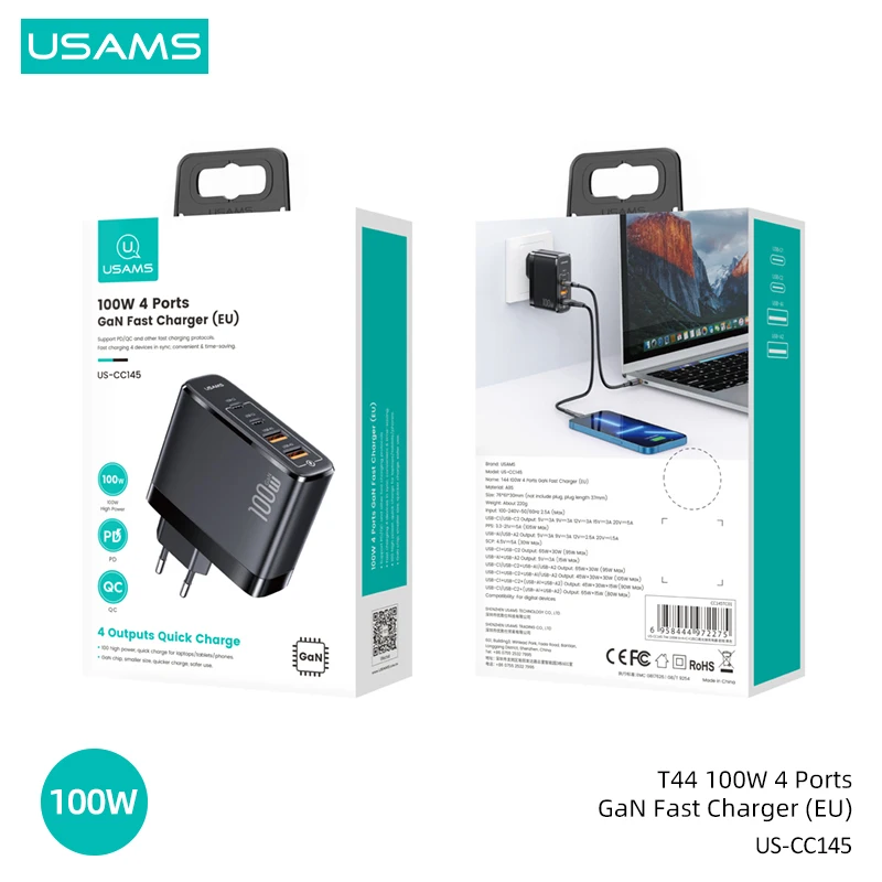 USAMS T44 100 Вт GaN зарядное устройство для быстрой зарядки 4 в 1 адаптер PD QC быстрое
