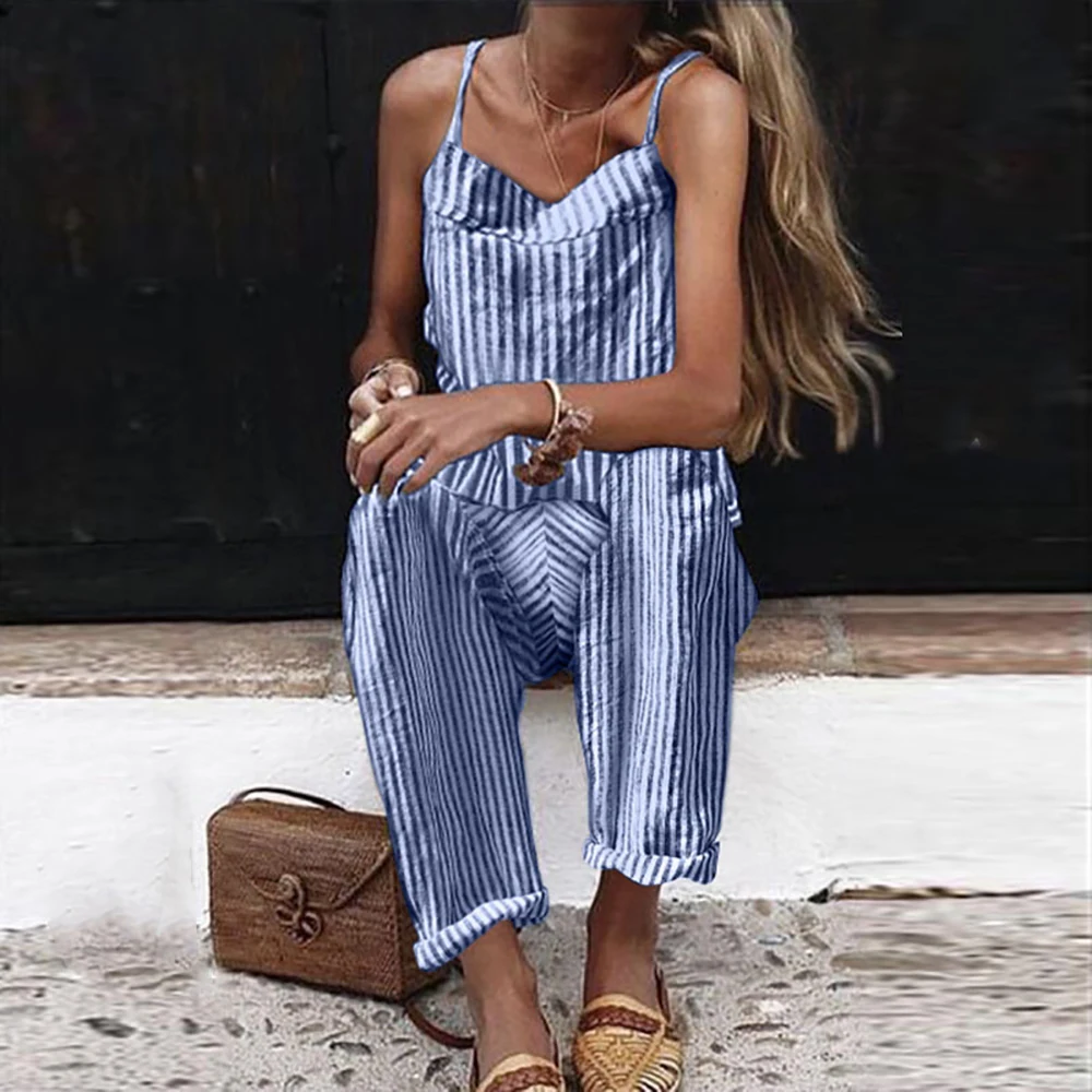 Женский комбинезон с v образным вырезом Litthing длинный в полоску без рукавов