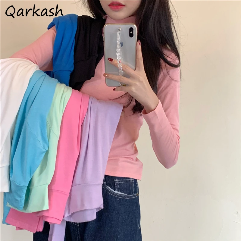 

Женская универсальная водолазка Ulzzang, однотонная облегающая Осенняя футболка ярких цветов в уличном стиле