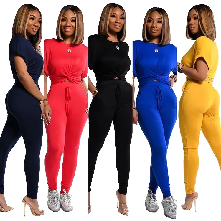 

casual tracksuits women set solid color short sleeve T-shirt and solid color tight trousers two piece set