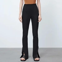 2021 black side slit flare pants women summer fashion chic high waisted slim long pant vintage zipper office female trousers