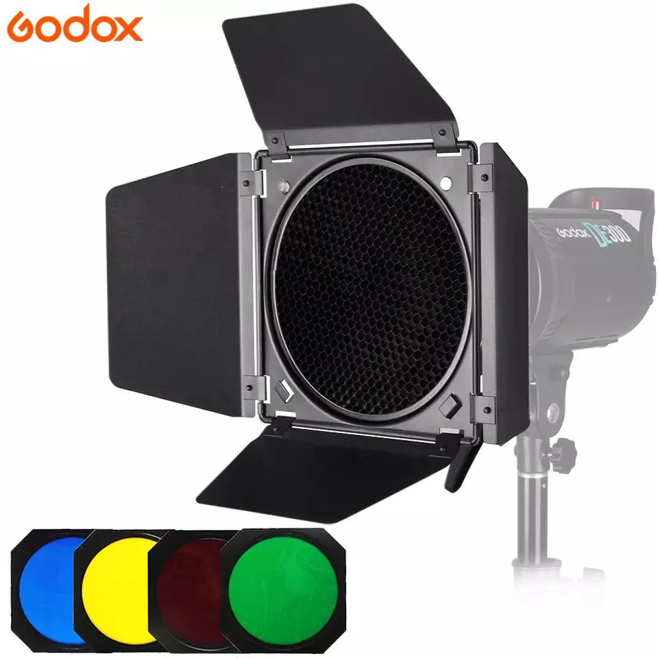 

Godox BD-04 Barn Door+Honeycomb Grid + 4 Color Filter Red/Blue/Green/Yellow For Bowen Mount Standard Reflector Flash Accessories