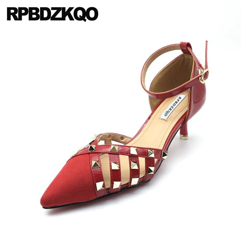 сандалии шпилька красный высокие каблуки лакированная кожа котенок металл