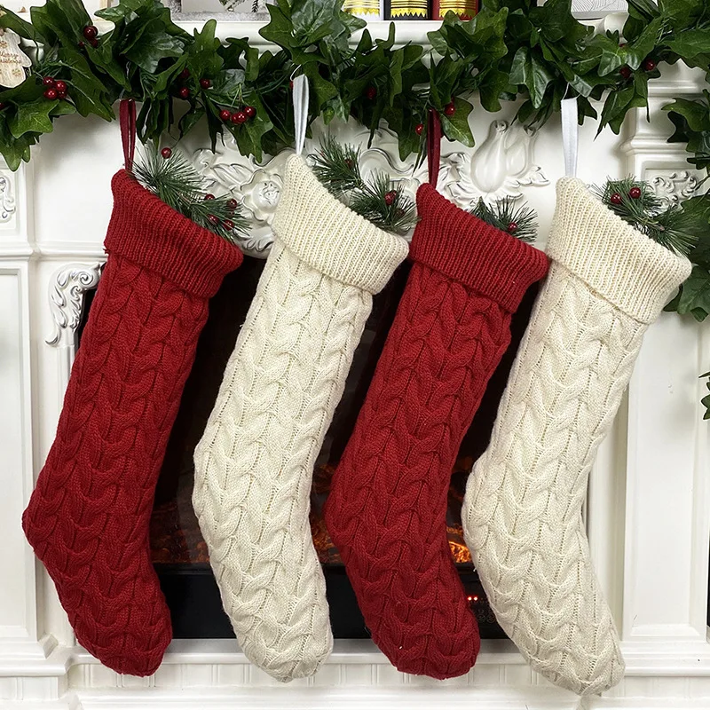 

Knitted Wool Large Christmas Stockings Red Beige Pure Color New Year's Socks Fireplace Xmas Tree Hanging Decorations for House