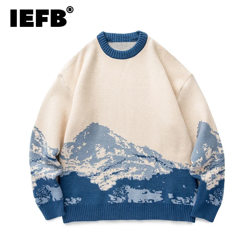

Осенне-зимняя трикотажная одежда IEFB с круглым вырезом, пуловер, топы, жаккардовый свитер для мужчин с заснеженной горной, новая модная ткань 9Y9477