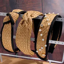 Flatfoosie – bandeau en paille noué pour femmes, style bohème, large nœud croisé, Imitation perles, accessoires pour cheveux faits à la main  (4)