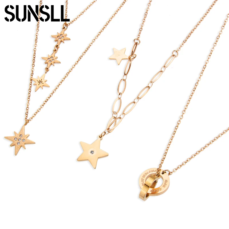 

SUNSLL Portrait Stainless Steel Gold/Rose Necklace Romantic Flying Love Pendant Double Circle Necklaces For Women Party Gifts