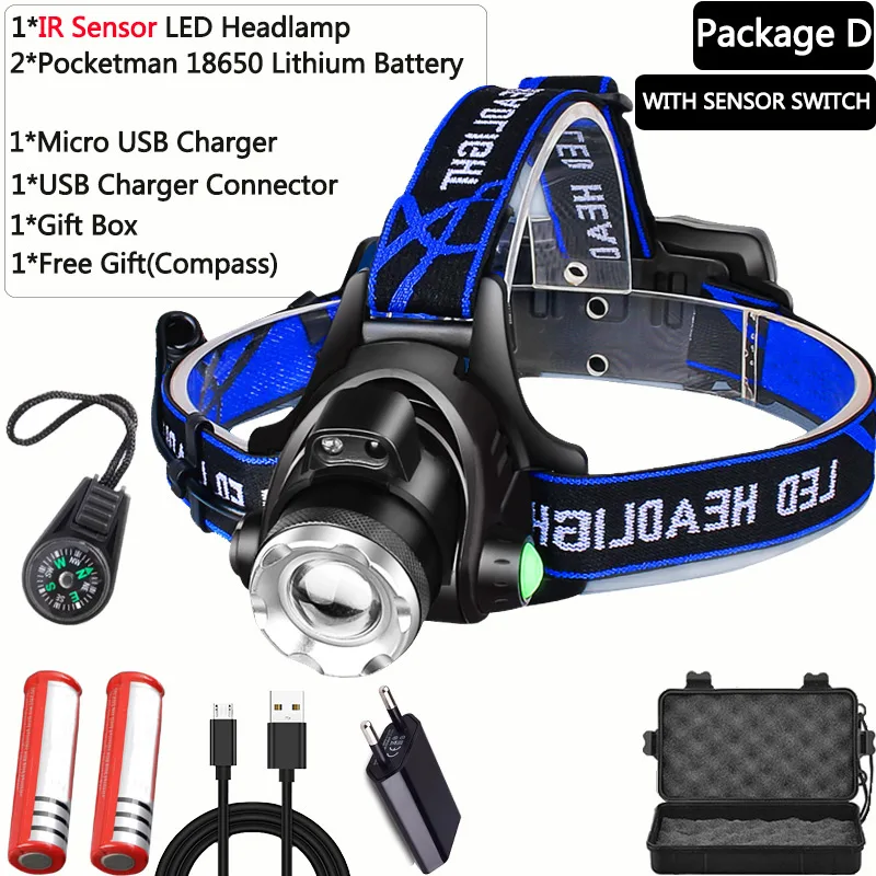 With Sensor-D Самый мощный светодиодный налобный фонарь для рыбалки T6/L2/V6, 3 режима, масштабируемая лампа, водонепроницаемый Головной фонарь, фонарь, фара 18650 - Испускаемый цвет: With Sensor-D