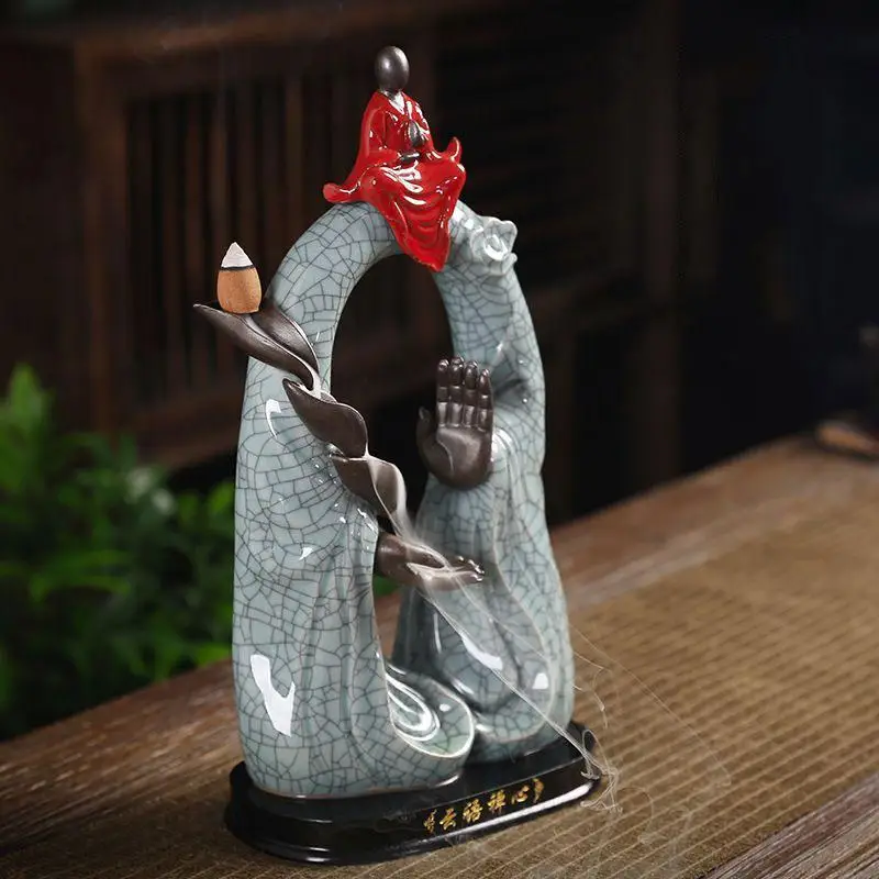 

Zen Backflow Incense Burner Holder Buddha Hand Smoke Waterfall Incense Sticks Holder Crafts Porcelain Censer With 20 Pcs Cones