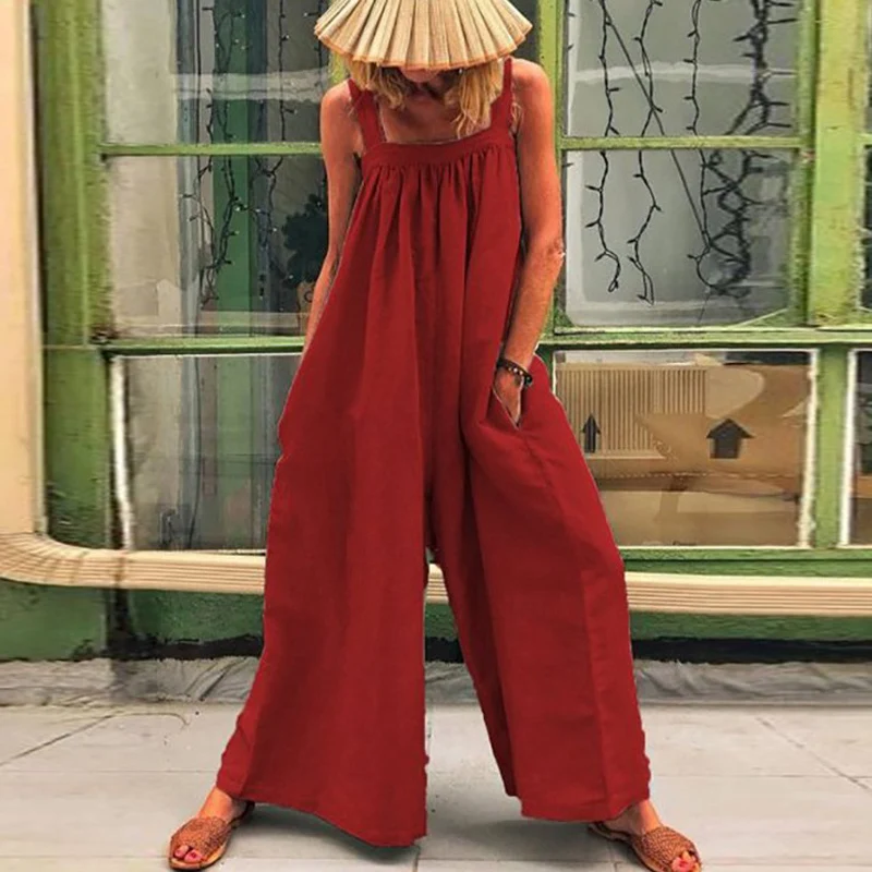 

Женский винтажный комбинезон с широкими штанинами, Свободный Длинный комбинезон из хлопка и льна с широкими штанинами, повседневный комбин...