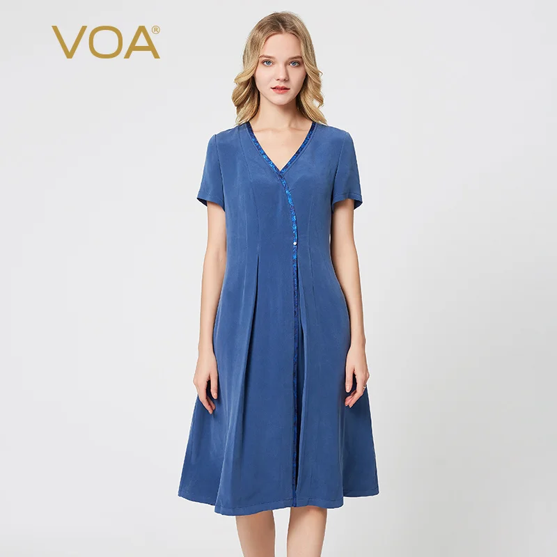 

VOA Silk 30M/m Blue Heavyweight Silk xie jin V-neck Filler Yarn-Dyed Jacquard Selvage Short-Sleeve Dress AE81