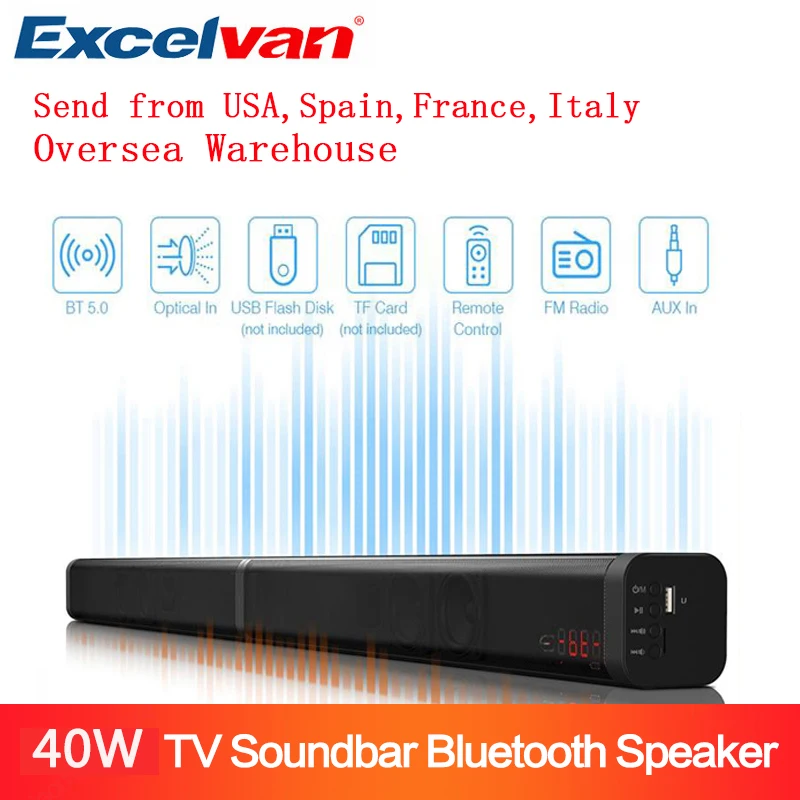 Excelvan 40 Вт Съемный Bluetooth Саундбар беспроводной Bluetooth динамик Встроенный сабвуфер ТВ AUX оптический Саундбар стерео домашний кинотеатр