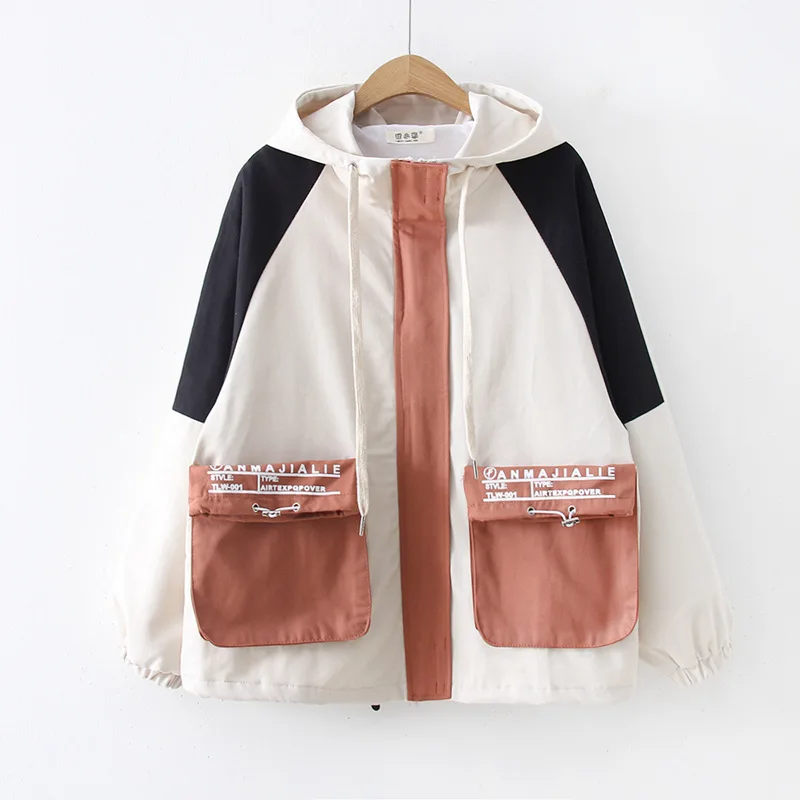 

New Women Streetwear Jacket Spring Autumn Splicing Color Hooded Loose Coat Fashion Female Letter Harajuku Outwear Ladies Jackets