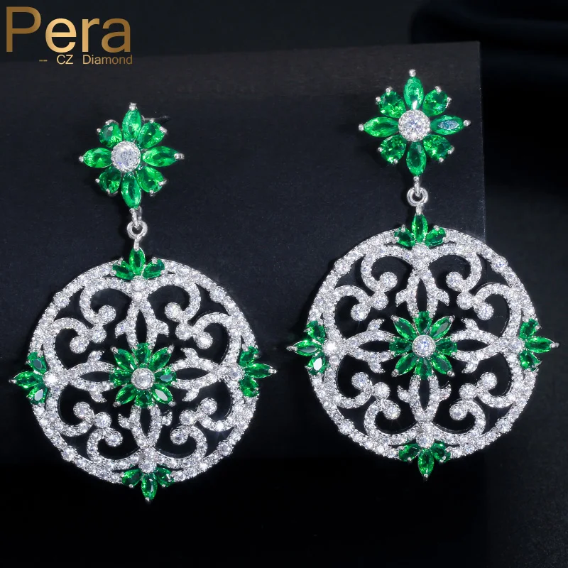 

Pera Luxury Big Dangling Cubic Zirconia 5 CM Silver Color Women Wedding Party Long Drop Earrings Jewelry With Green Stone E285