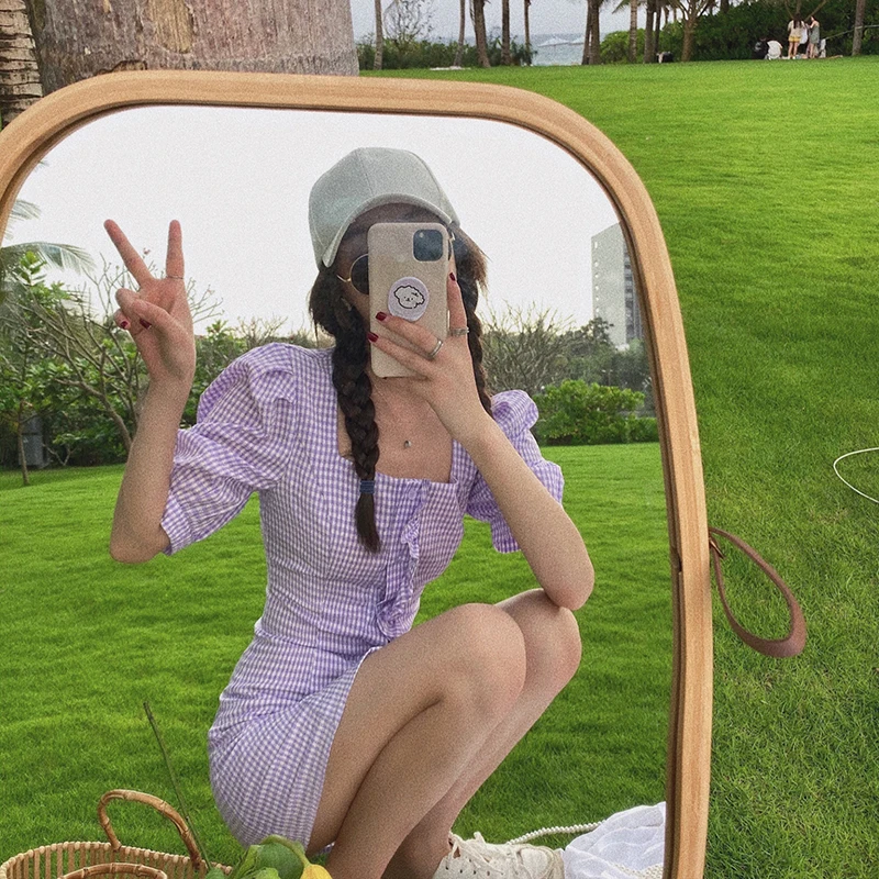 Женское платье с высокой талией фиолетовое повседневное облегающее мини пышными