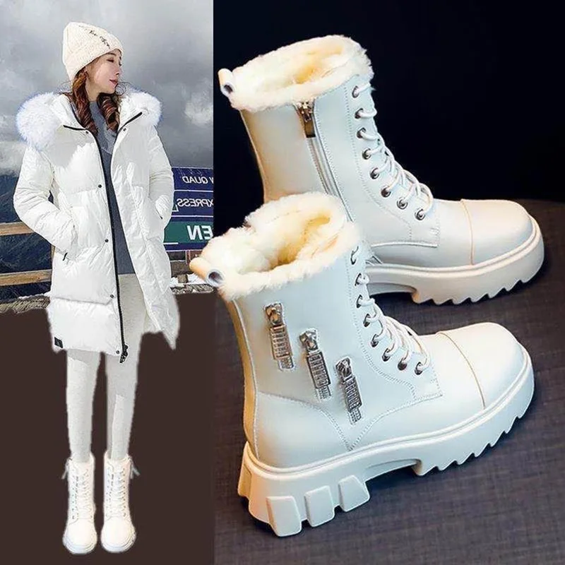 

White and black snow boots women's sponge cake bottom side zipper high heels plus velvet fashion warm women's winter shoes 6CM