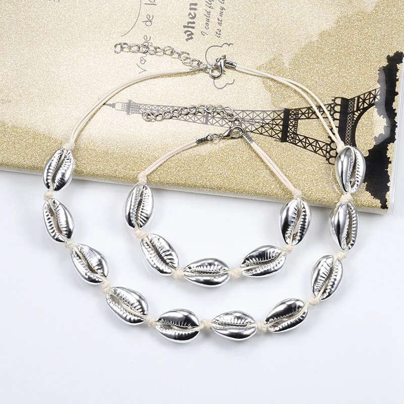 Bohemian 2pcs/set White Rope Natural Shell Bracelet Necklace Women Fashion Sea Cowrie Bracelets&ampBangles Jewelry Girl Accessories |