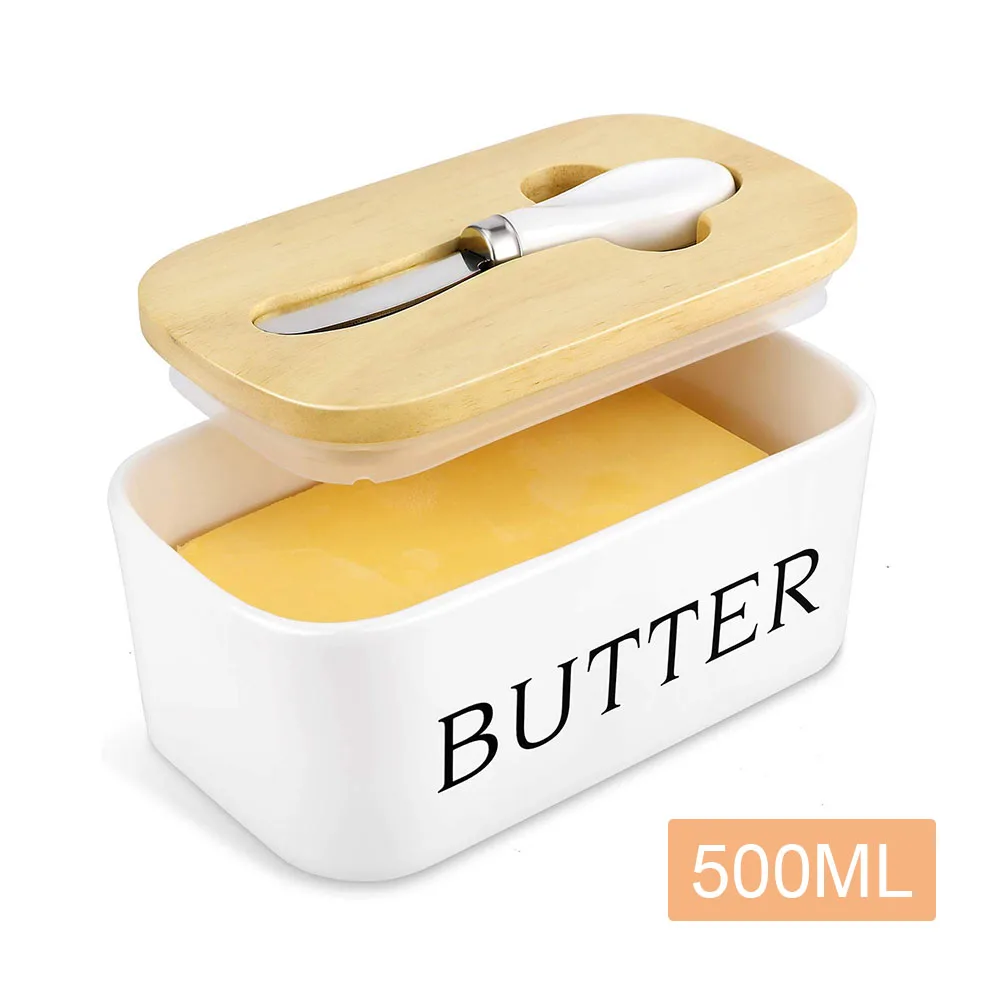 

Nordic Ceramic Butter Box Wood Cover And Knife Butter Sealing Plate Storage Tray Dish Cheese Kitchen Food Container Butter Dish