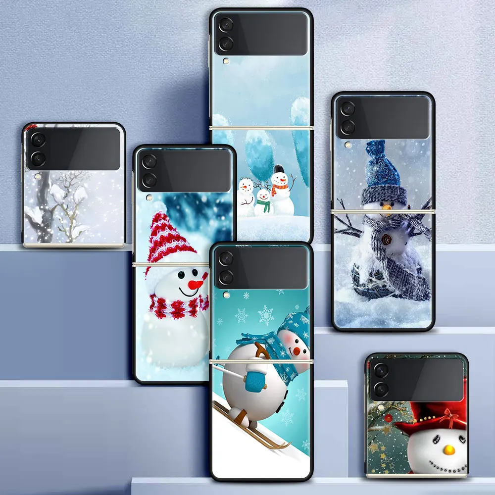 

Case For Samsung Galaxy Z Flip 3 5G Funda ZFlip3 Luxury Black PC Hard Shockproof Back Phone Coque Shell Snowman Snow Man