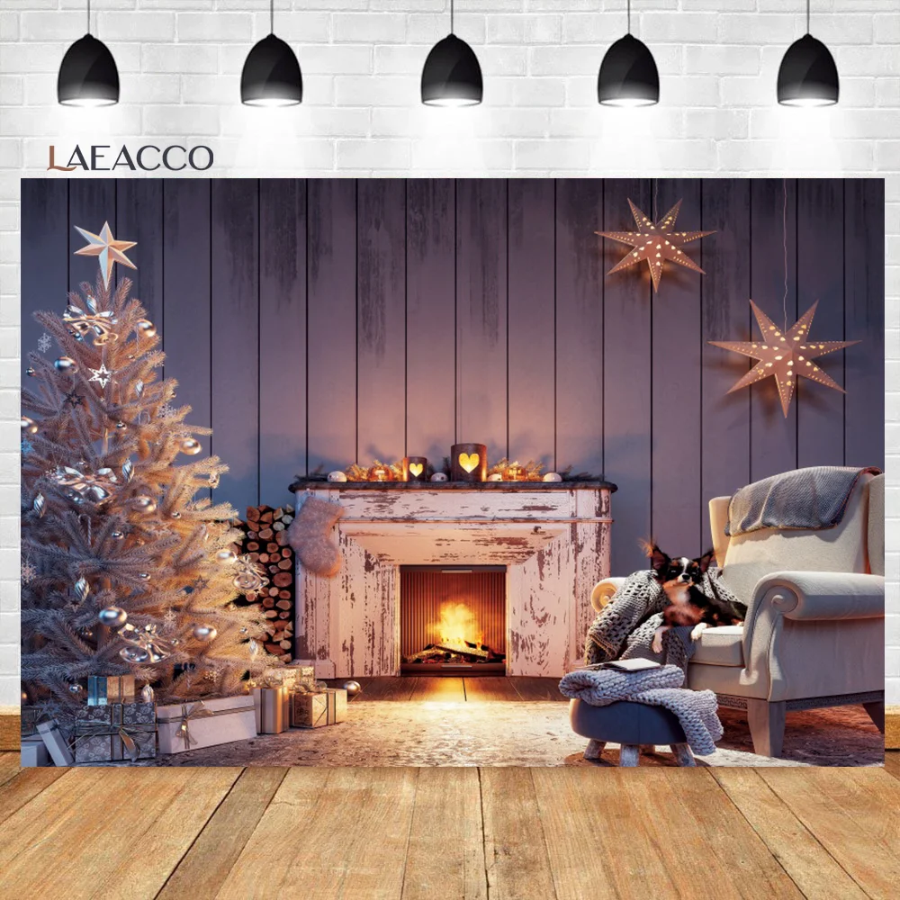 

Laeacco Indoor Wooden House Cozy Christmas Tree Fireplace Pet Dog Gift Photocall Background Baby Customized Photography Backdrop