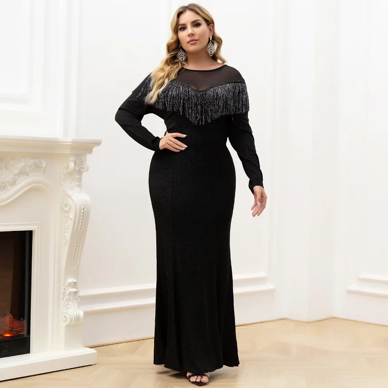 

Plus Size Evening Party Dress Women Long Sleeves Round Neck Fringe Stitching Mesh Elegant Wedding Vestiods Max Skirt