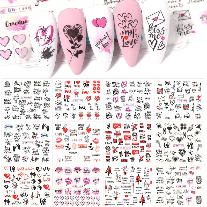12Pcs/Set ValentinesNail Stickers Love Letter Flower Sliders Water Decals Nail Art Decoration Manicure Water Sticker Tips