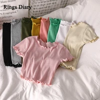 rings diary women summer rib knitted crop tshirts short sleeve lettuce edge skinny crop tops korean style cute tees for girls