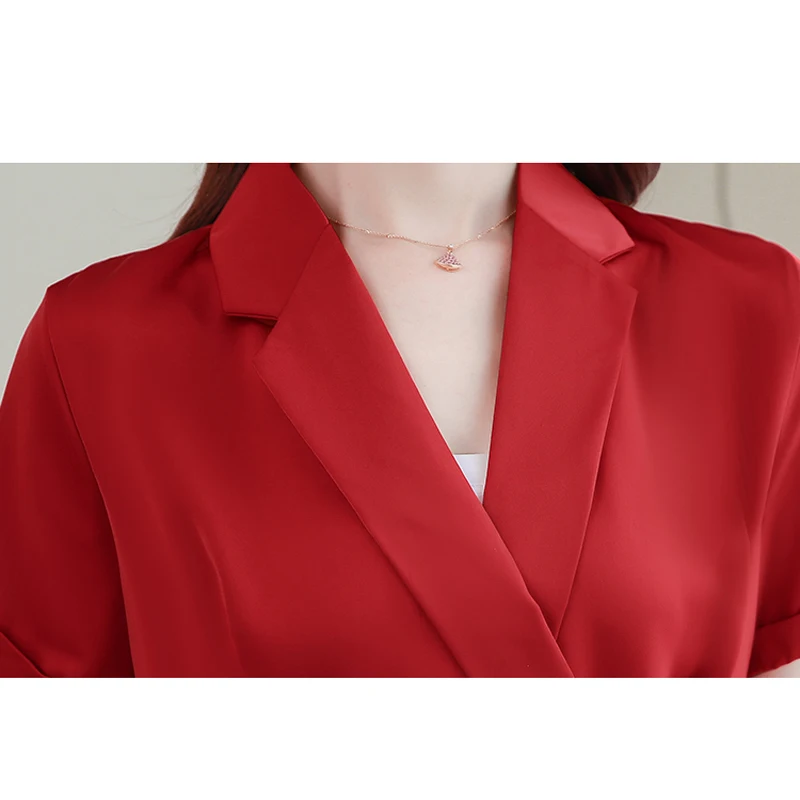 

Satin Shirts Women Suit Collar European OL Style Fashion V-neck Short Sleeve Office Lady Solid Plus Size Cardigan Tops 9920
