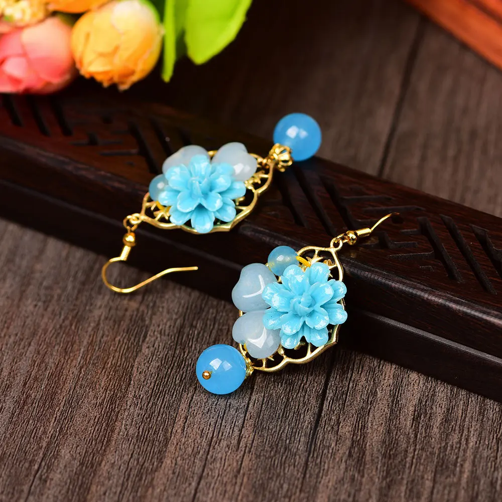 Серьги-подвески с нефритовыми цветами Амулет из халцедона голубым агатом модная