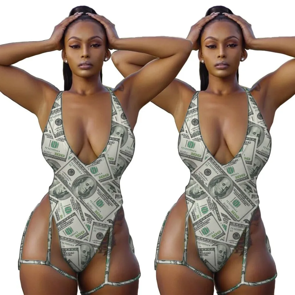 Перекрестный сексуальный купальник с открытой спиной, Цельный купальник, летний глубокий v-образный вырез, костюм пляжного типа без рукавов, с принтом денег, горячая Распродажа купальников, одежда S273