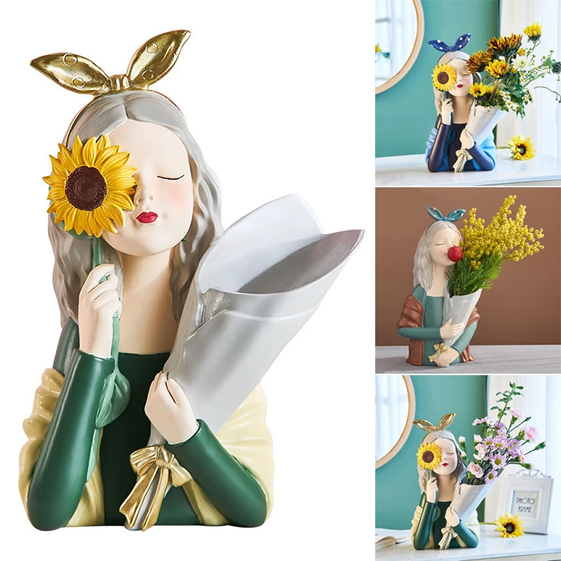 

Creative Planter Pot Girl with Bouquet Vase Resin Figurine Flower Pot Ornament for Home Flower Arrangement ANDF889