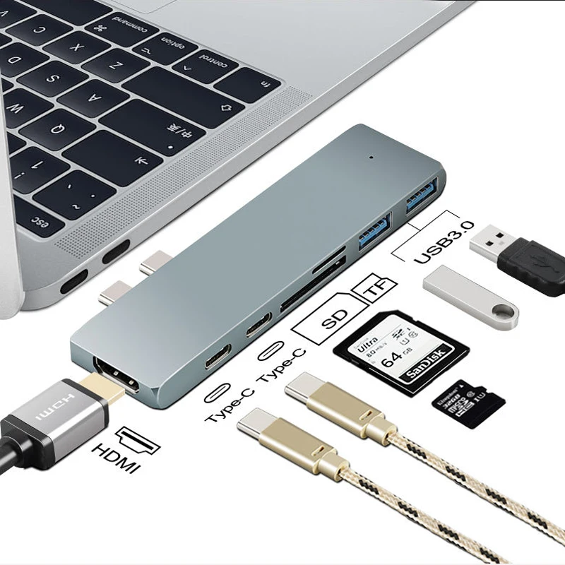 

Док-станция 7 в 1 с USB C на HDMI-концентратор, 2 USB-порта, DP-порт, совместимая с Macbook 2017 2018 2019 и Macbook Pro