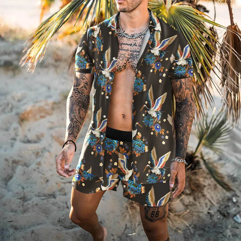 

New Men's Hawaii Suit Printing 2021 Summer Short-Sleeved Button Shirt Beach Shorts Street Casual Male Wear 2 Pieces