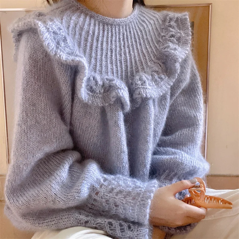 

Vintage French Ruffle Loose O-Neck Women Sweater Flared Sleeves Pullover Purple Drawstring Mohair Soft Knitting Tops 2021 Fall