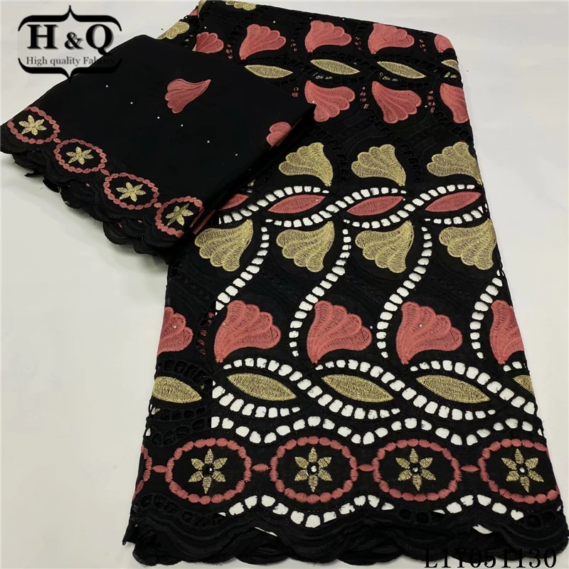 

H&Q newest blue 100% cotton swiss lace fabric 2021 high quality nigerian laces embroidery with stone 5+2 yard for nigerian women