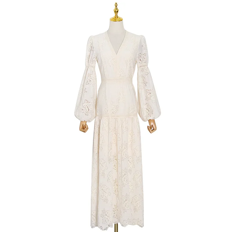 

New lantern sleeve sexy lady deep v-neck slim lace long dress women tide